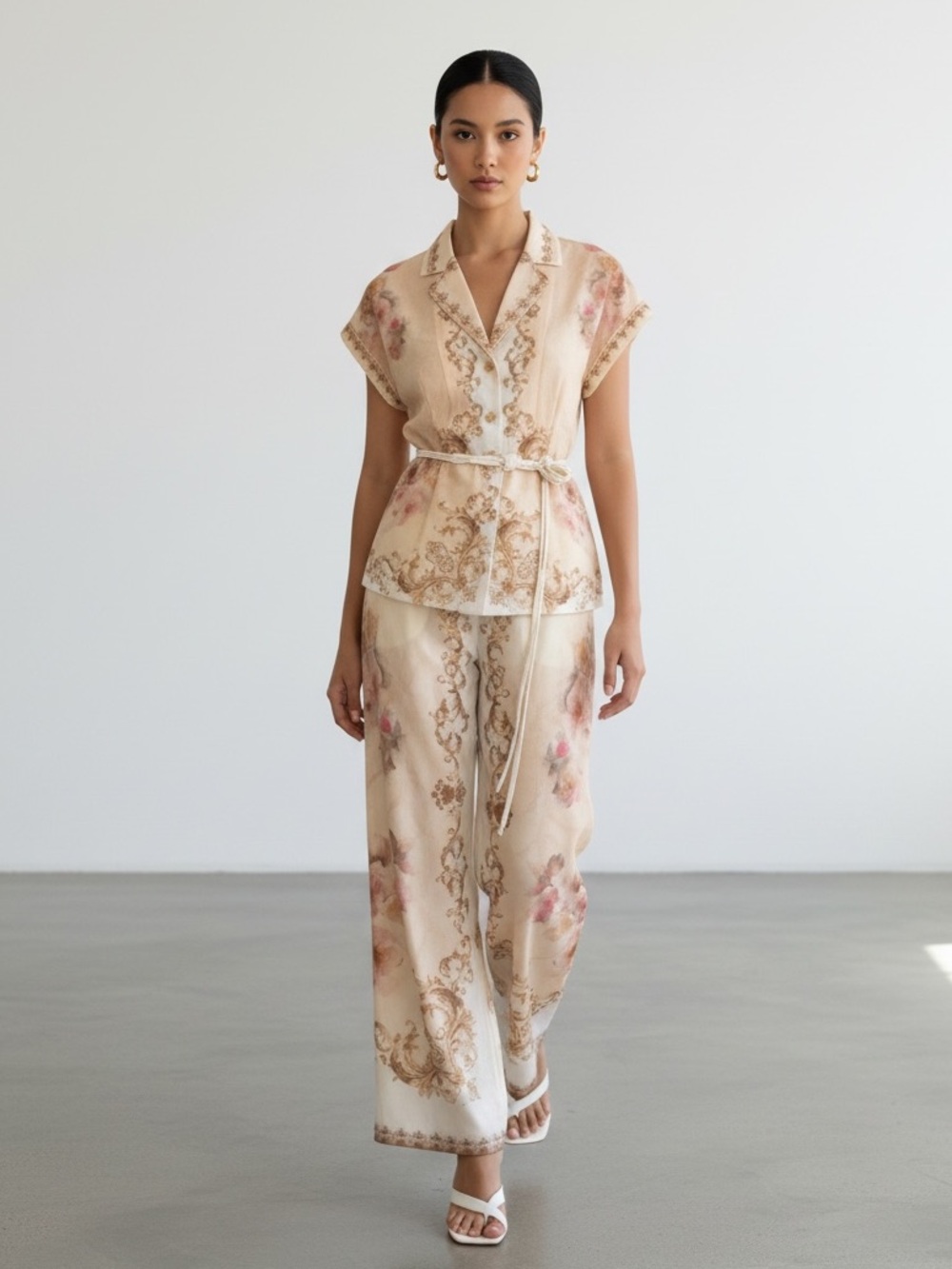 Elegant Cream Floral Pantsuit with Belt